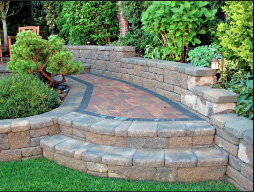 Stone retaining wall with paver patio